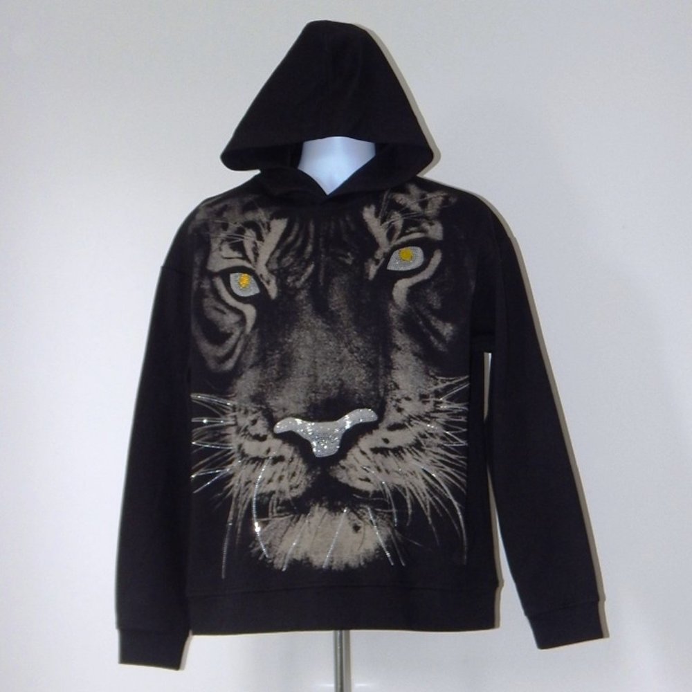 NEW HEADS OR TAILS Rhinestone Tiger Face HOODIE PULLOVER SWEATSHIRT Black Large